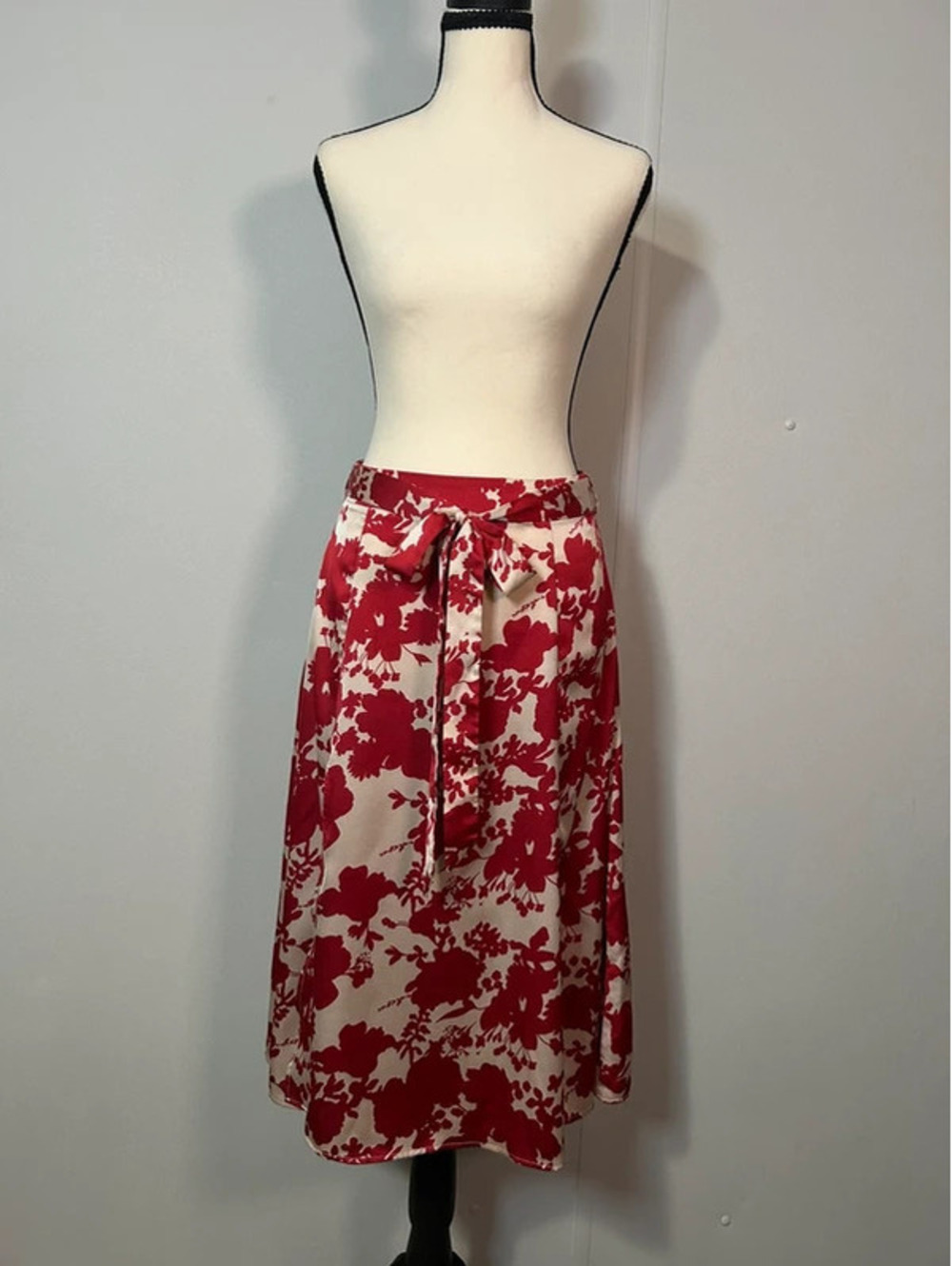 Allegra K Red Floral Tie Waist Faux Wrap Midi Skirt Women’s Medium